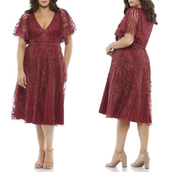 Mac Duggal Burgundy Flutter Sleeve Beaded A Line Midi Dress NWT Size 14W - Picture 1 of 12